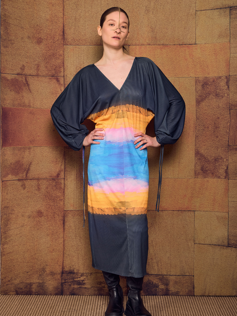 Dress with Drawstring Sleeves - Island Brushstroke