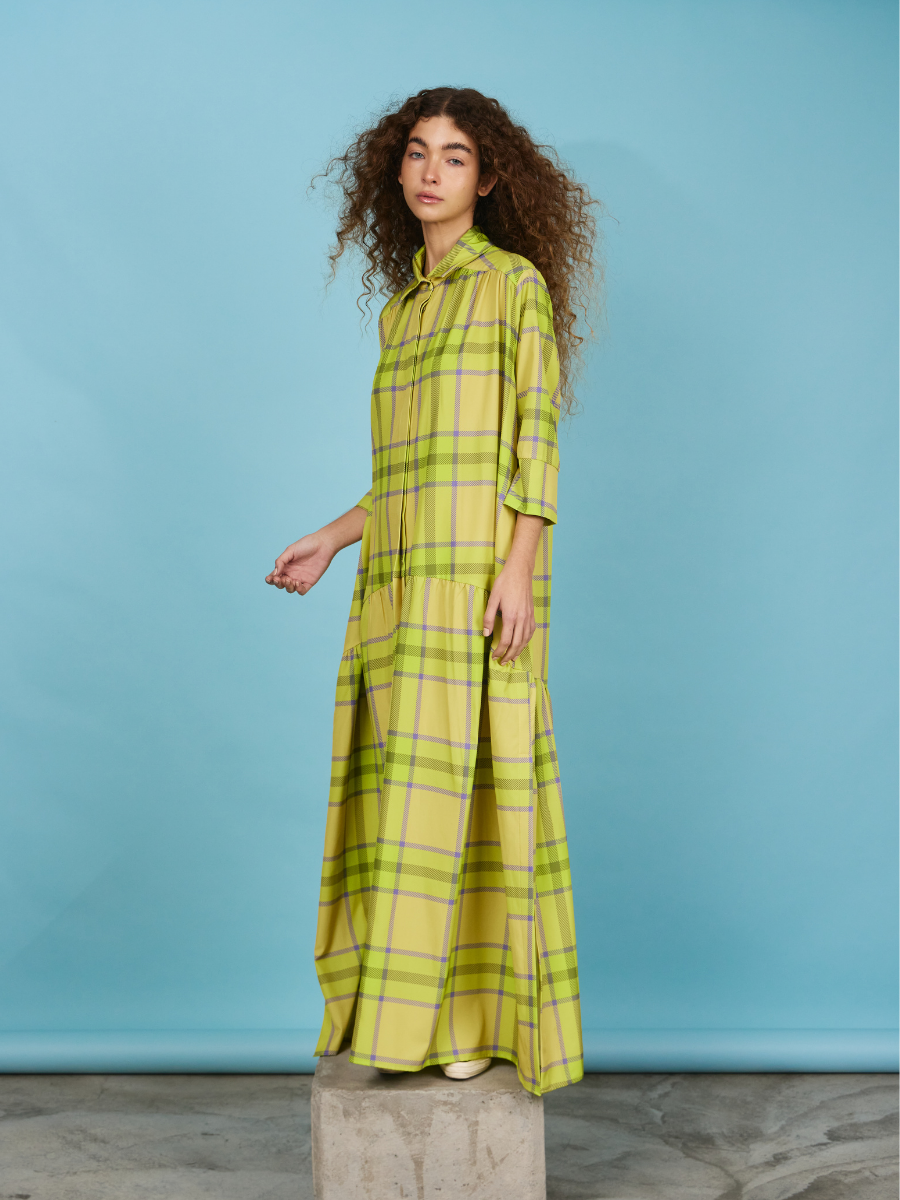 Gathered Shirt Dress - Yellow Tartan