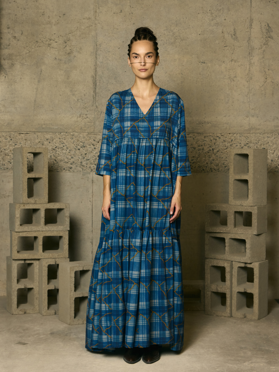 V-Neck Ruched Dress - Denim Tartan with Light