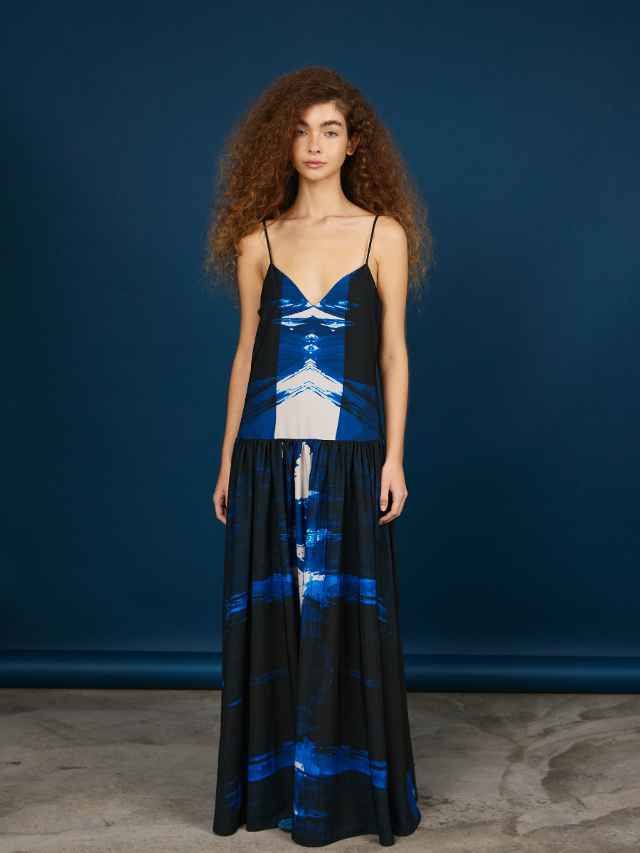 Gathered Strappy Dress - Navy Brushstroke