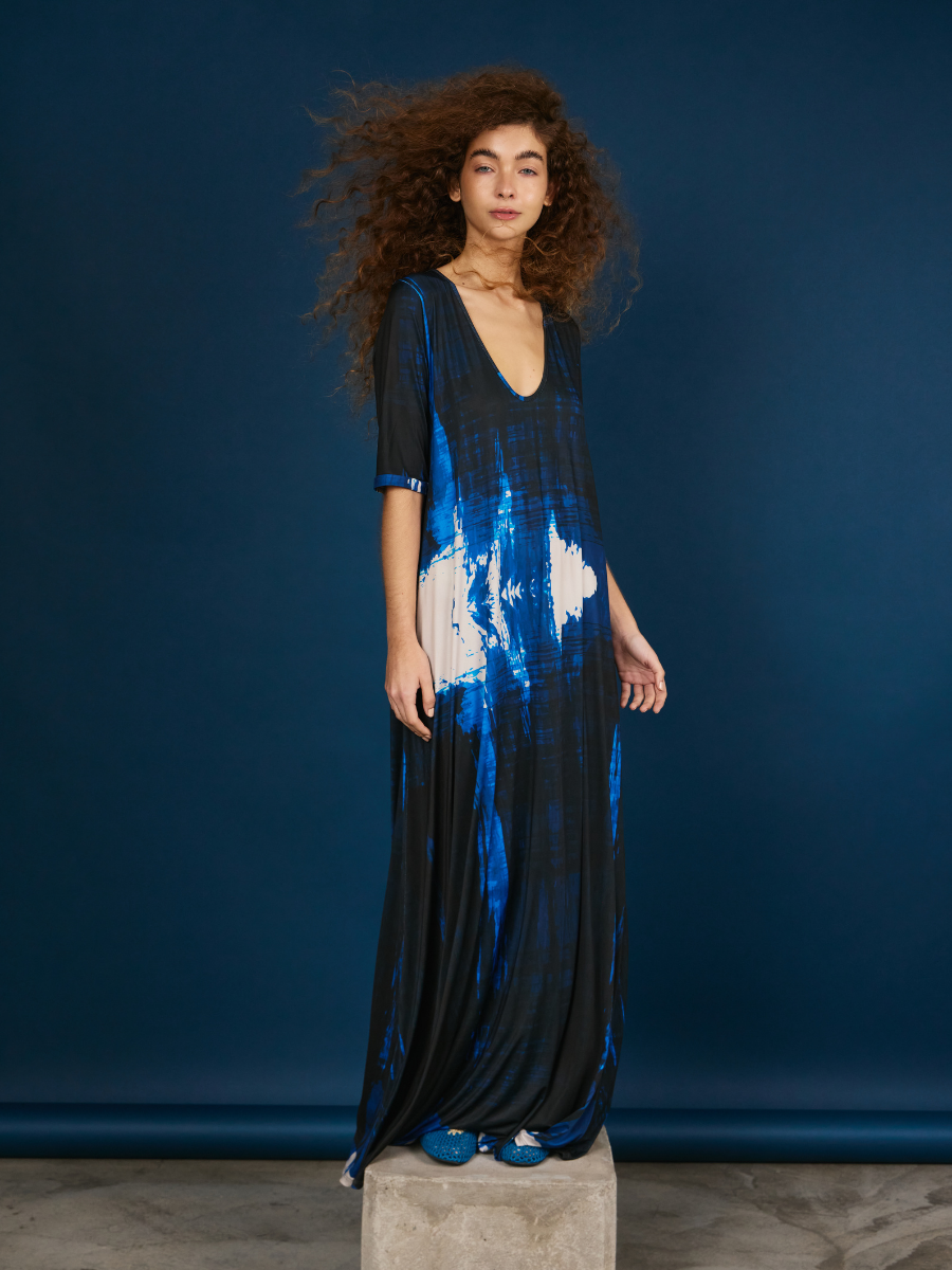 U-Neck Godet Dress - Navy Brushstroke