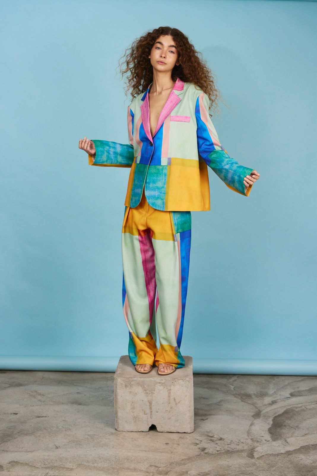 Oversized One-Button Blazer - Multicolor Pixel