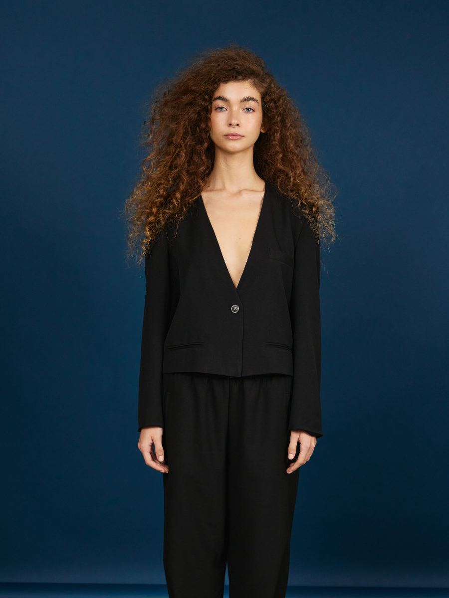 One-Button Cropped Blazer - Black