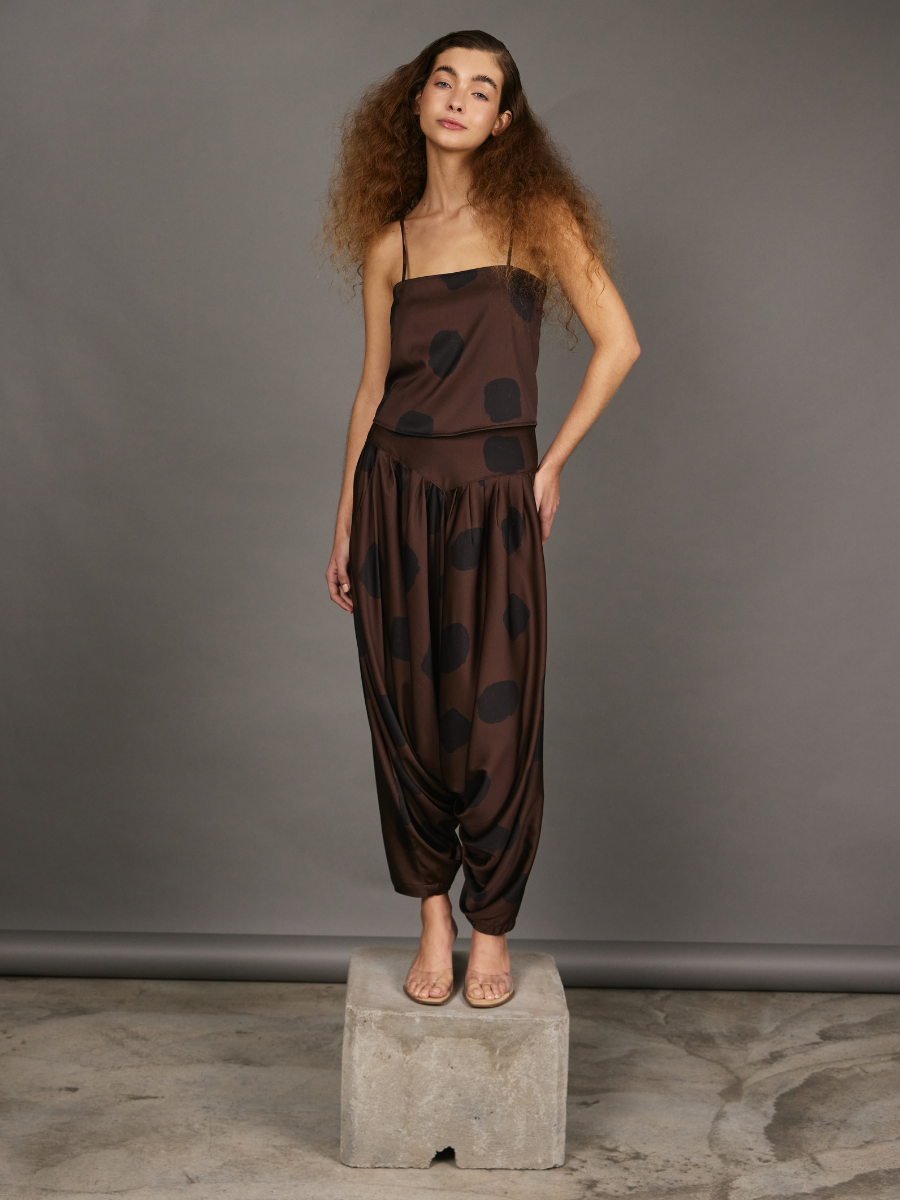 Tie-Back Top - Mocha Black Dots