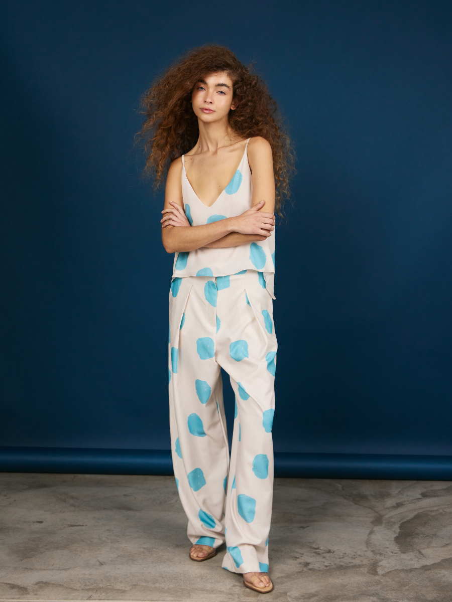 V-Neck Top - Sky Blue Dots