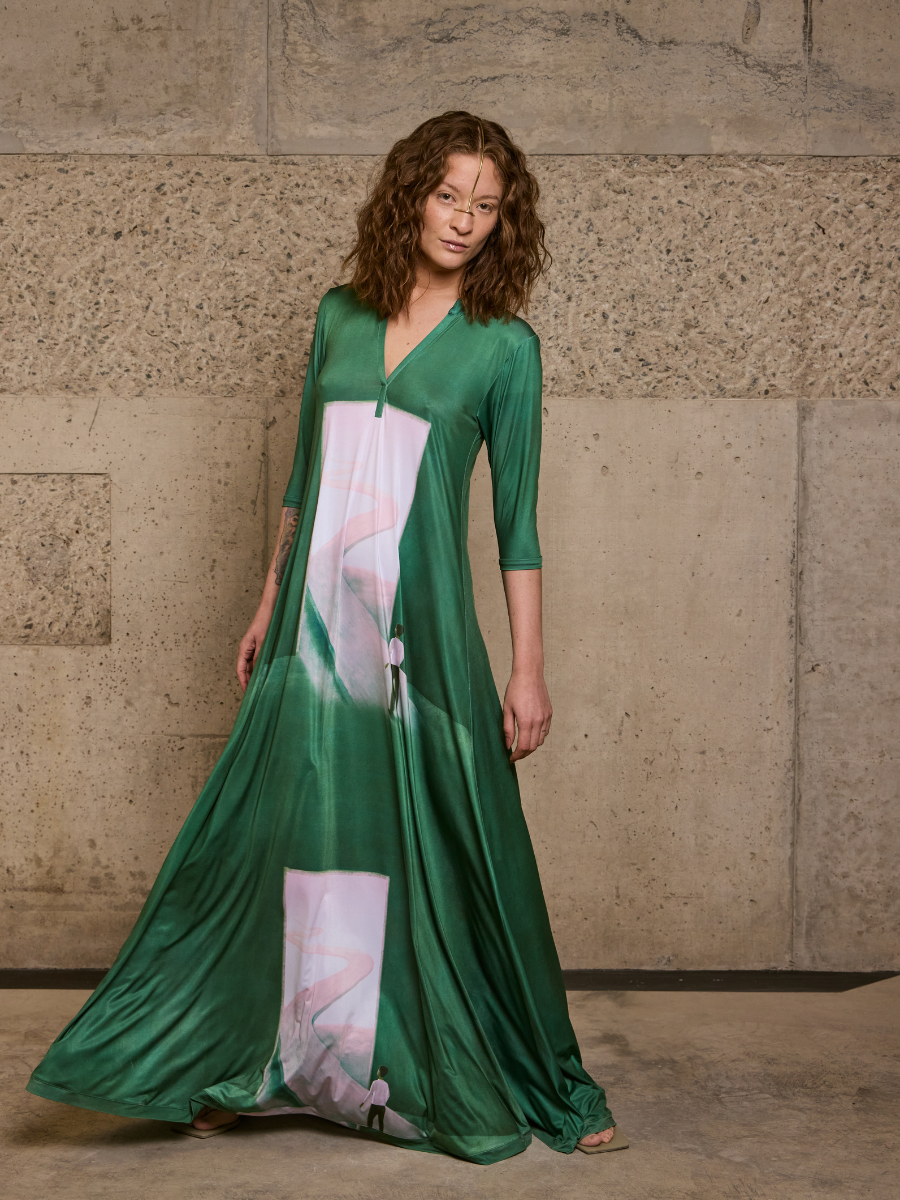 Godet Dress with V-Neckline - Door