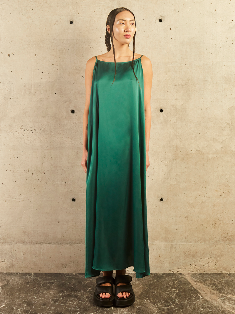 SILK DRESS WITH STRAPS - EMERALD GREEN COLOR